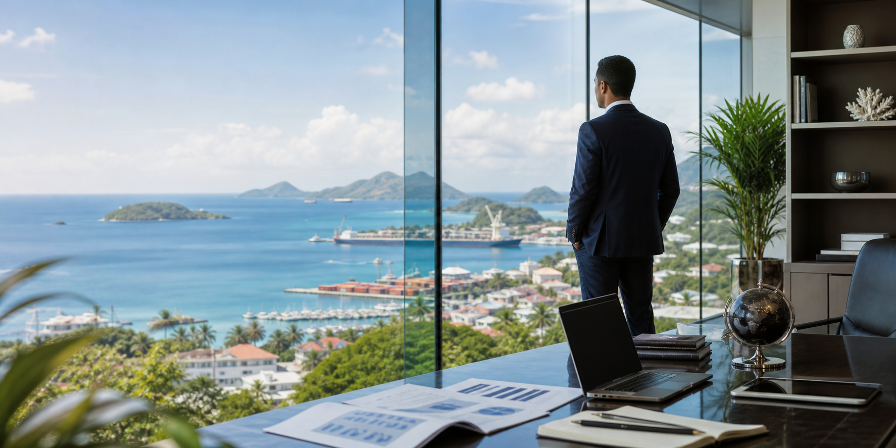 Modern business office overlooking an island harbor